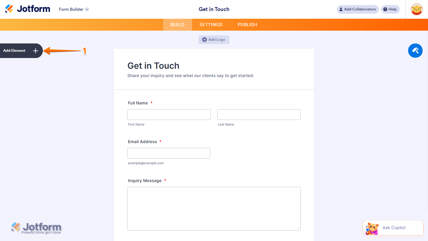 Form Builder showing Add Element button on the left side in Jotform