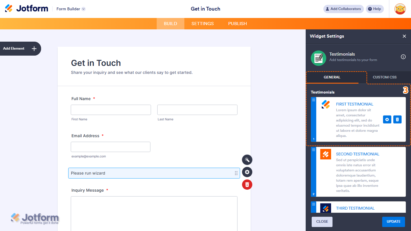 Widget Settings General tab showing testimonial list with Gear and Trash icons in Jotform