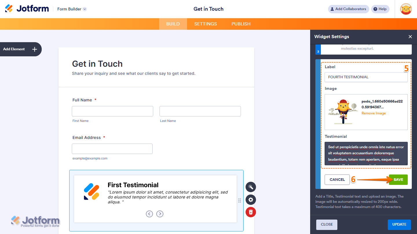 Testimonial editor showing Label Image upload and Testimonial fields with Save button in Jotform
