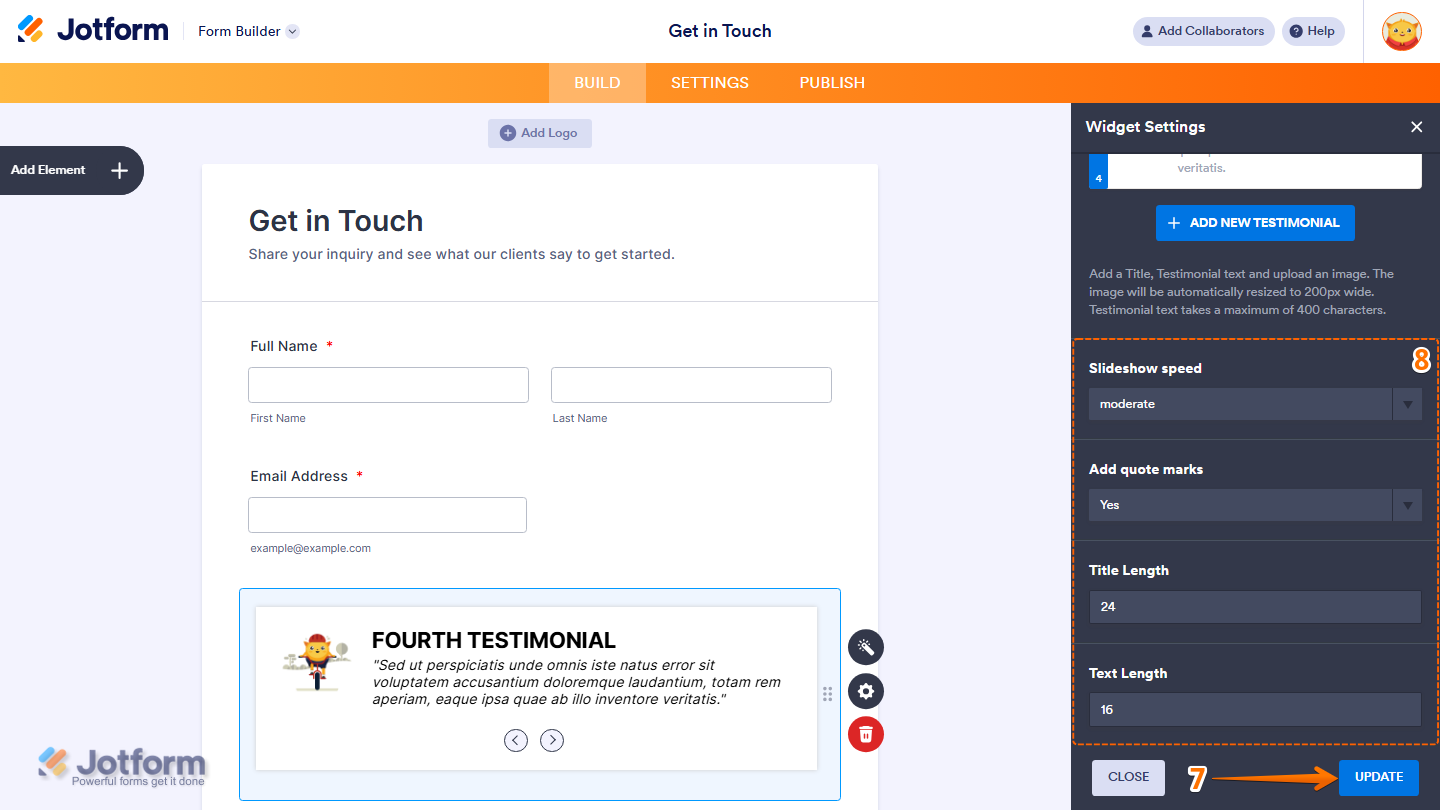 Widget Settings showing slideshow speed quote marks title text length and Update button in Jotform