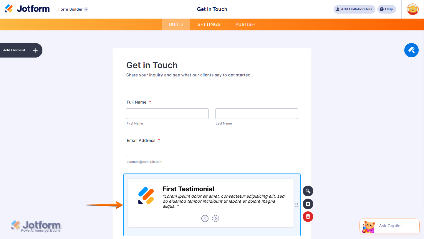 Form Builder showing Testimonials widget added to the form in Jotform