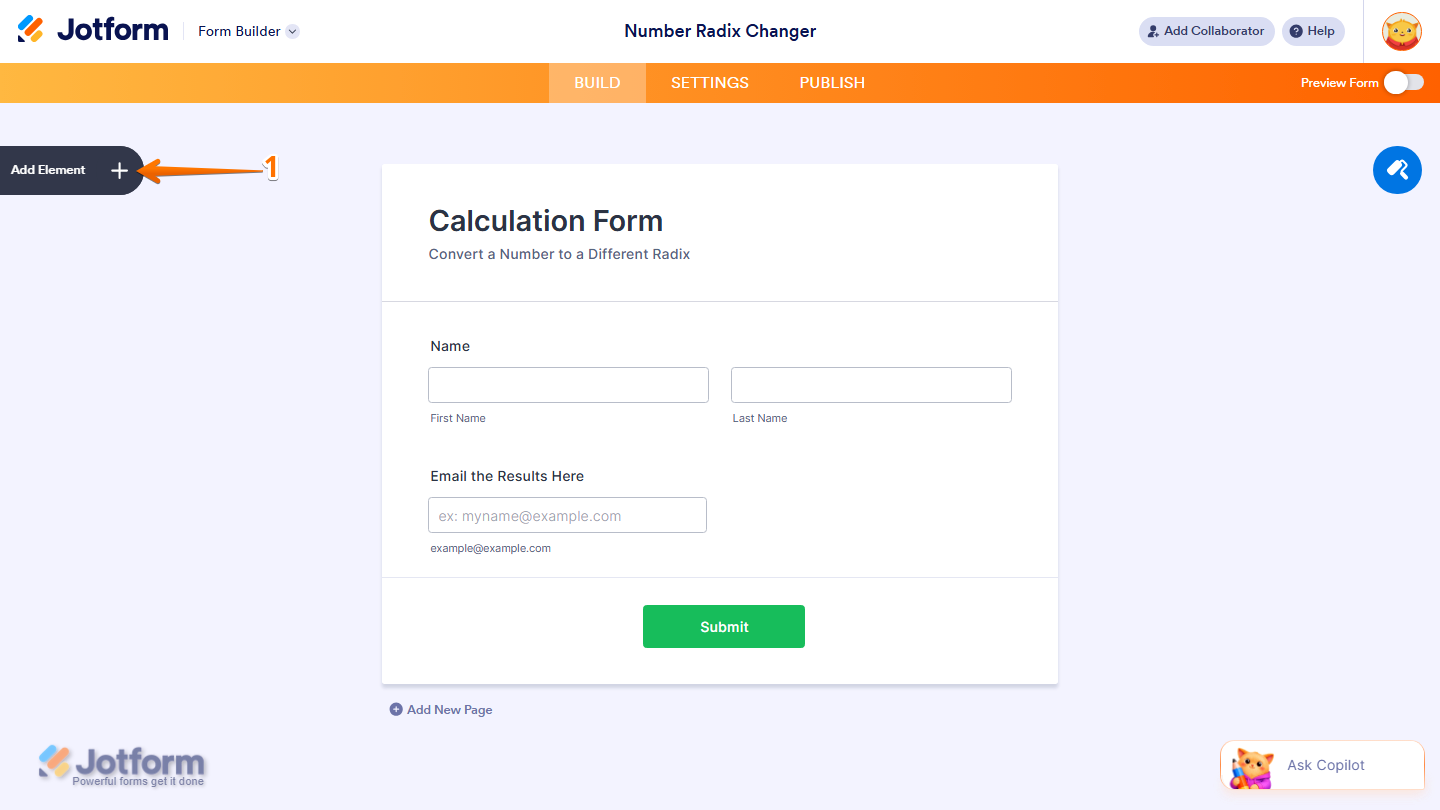 Form Builder showing Add Element button on the left side in Jotform