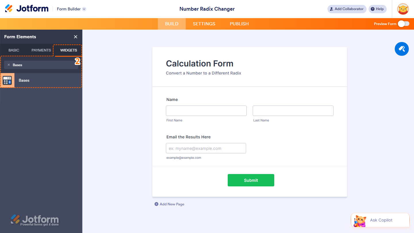Form Elements Widgets tab showing Bases widget search and selection in Jotform