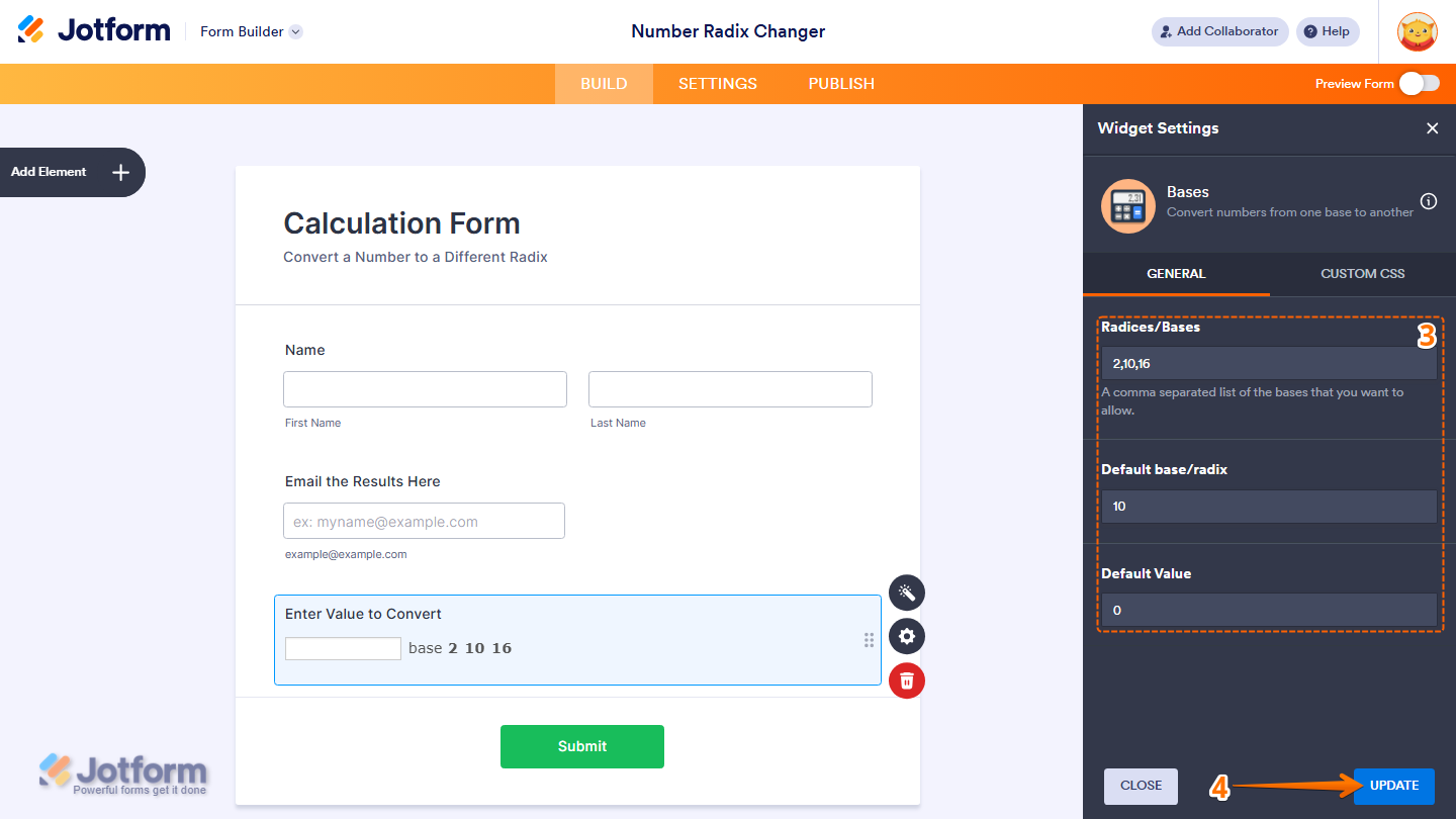 Widget Settings General tab showing Radices Default Base and Default Value fields in Jotform