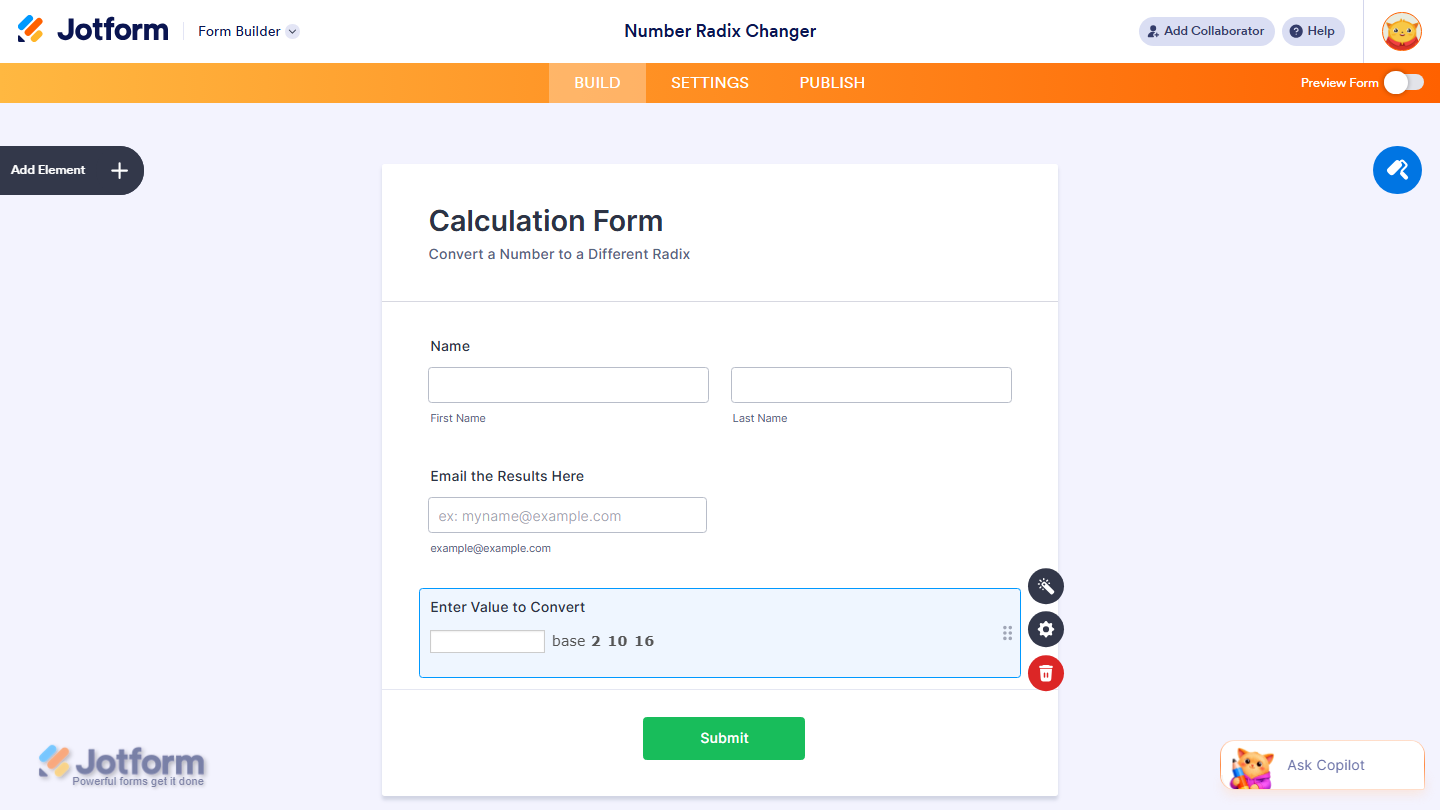 Widget Settings General tab showing Radices Default Base and Default Value fields in Jotform