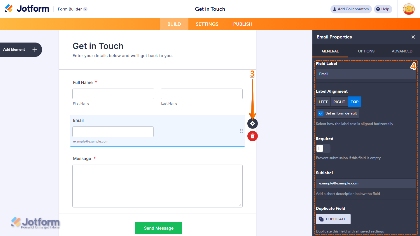 Email field Properties panel General tab showing label alignment required sublabel and duplicate options in Jotform