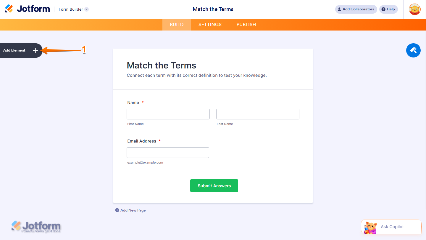 Form Builder showing Add Element button on the left side in Jotform