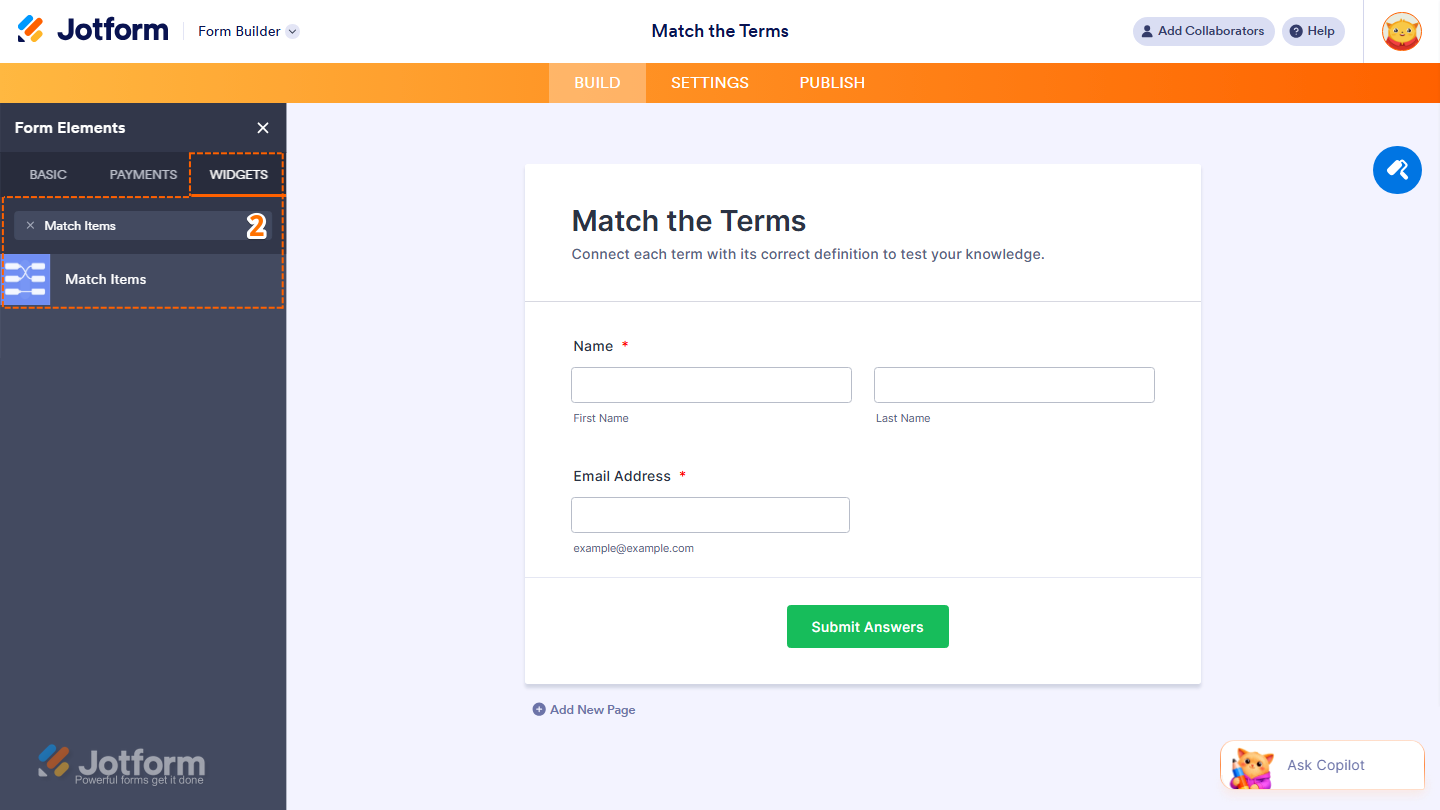 Form Elements Widgets tab showing Match Items widget search and selection in Jotform