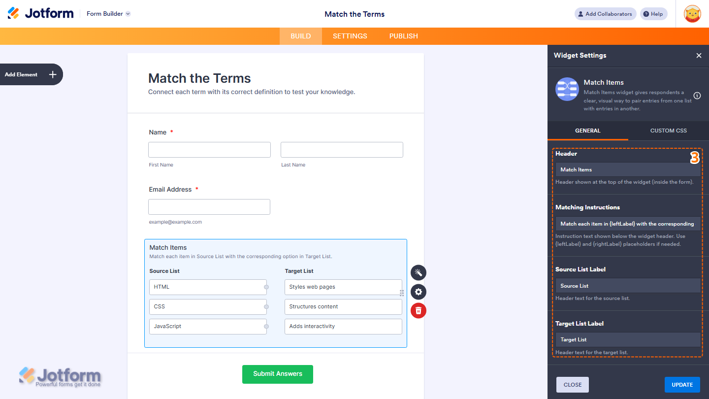 Widget Settings showing Header Matching Instructions and list label fields in Jotform