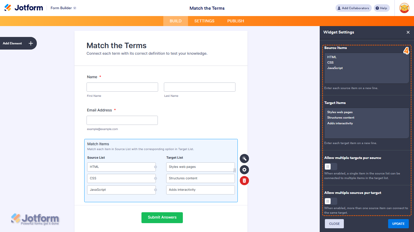 Widget Settings showing Source Items Target Items and matching options in Jotform