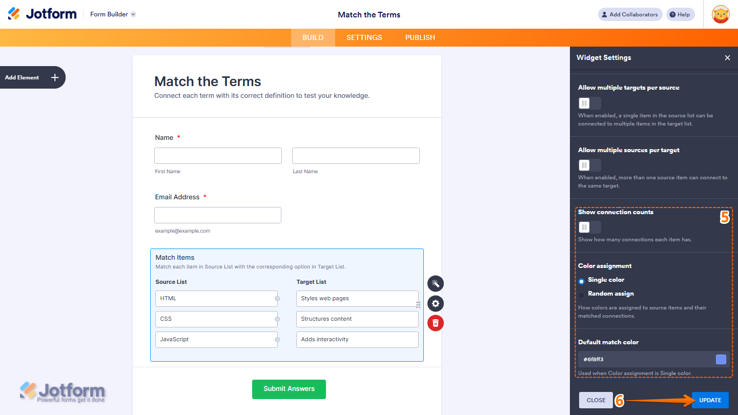 Widget Settings showing connection counts color options and Update button in Jotform