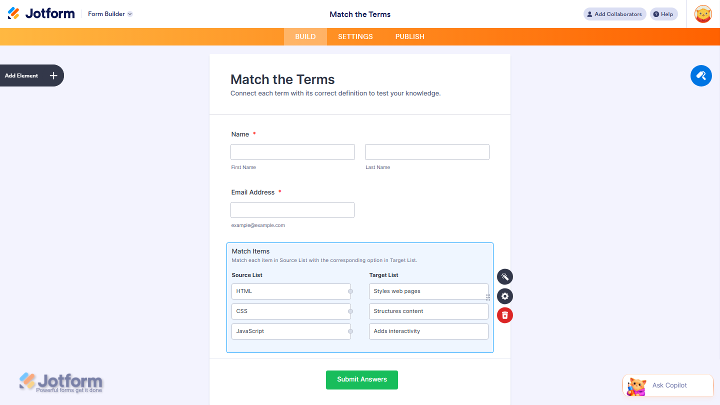 Form Builder showing Match Items widget added to the form in Jotform