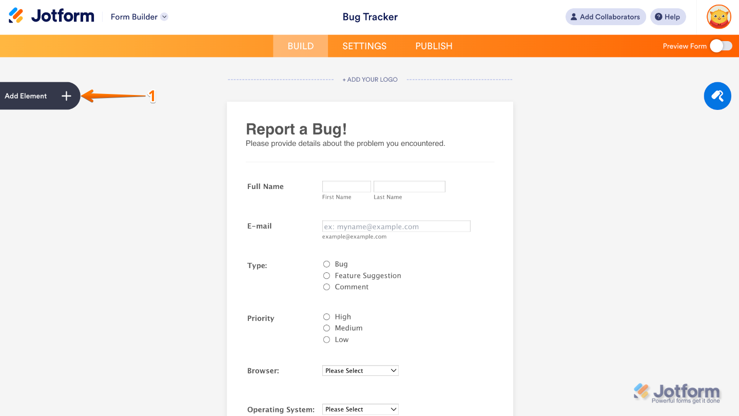 Form Builder interface highlighting the Add Element button on the left panel to add new fields and widgets