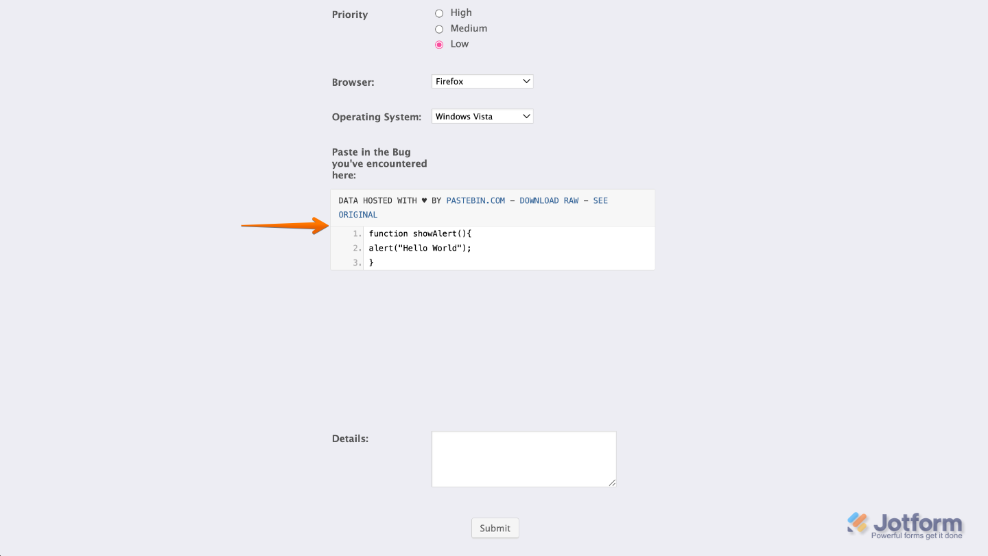Configured Pastebin widget in a Jotform form showing neatly formatted code or text content