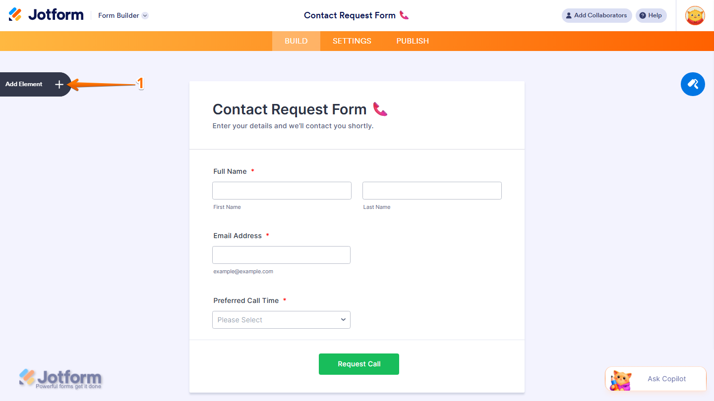 Form Builder showing Add Element button on the left side in Jotform