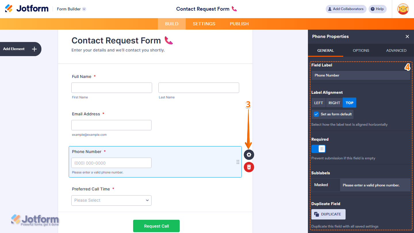 Phone field Properties panel General tab showing label alignment required sublabels and duplicate options in Jotform