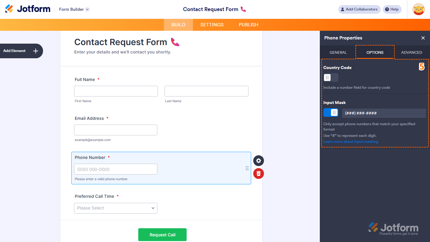 Phone field Properties panel Options tab showing Country Code and Input Mask settings in Jotform