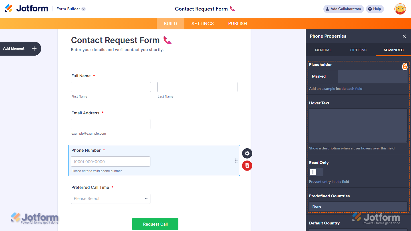 Phone field Properties panel Advanced tab showing placeholder hover text and predefined countries in Jotform
