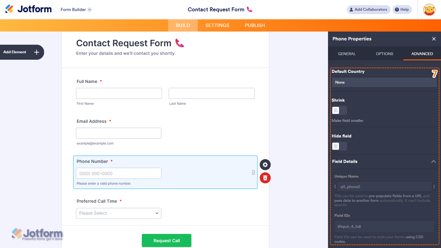 Phone field Properties panel Advanced tab showing default country shrink hide field and Field Details in Jotform