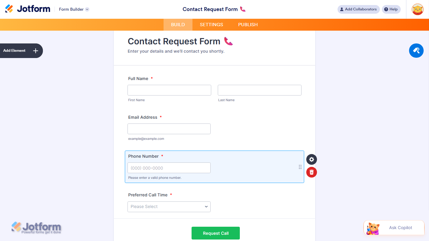 Form Builder showing Phone field added and configured on the form in Jotform
