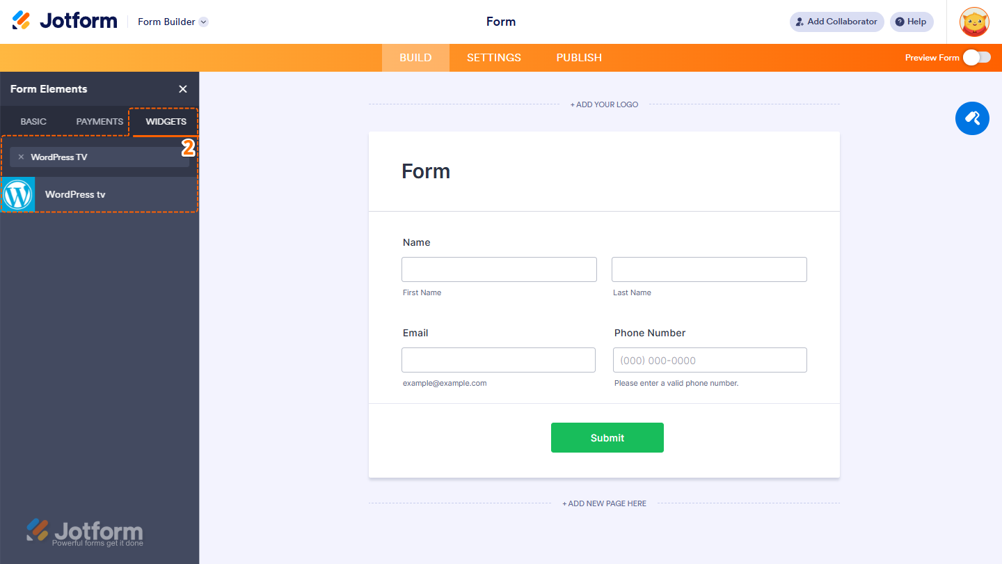 Form Elements Widgets tab showing Match Items widget search and selection in Jotform