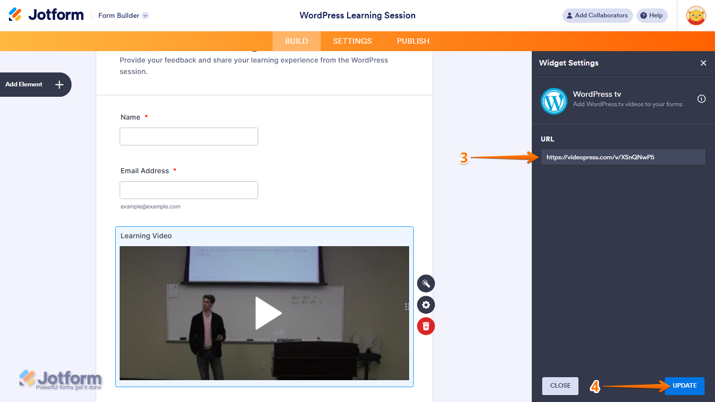 Widget Settings General tab showing WordPress TV URL field and Update button in Jotform