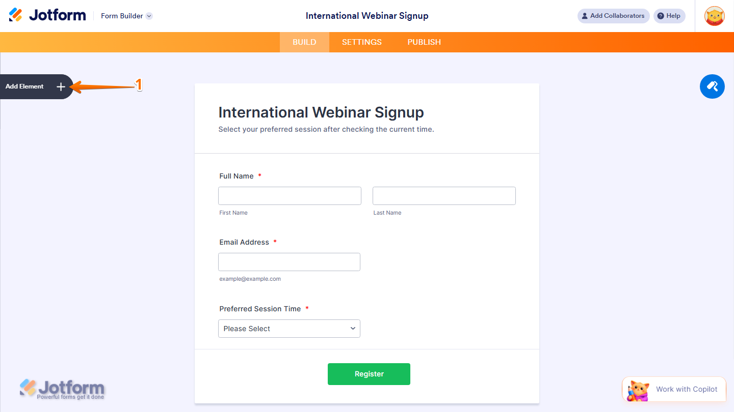 Form Builder showing Add Element button on the left side in Jotform