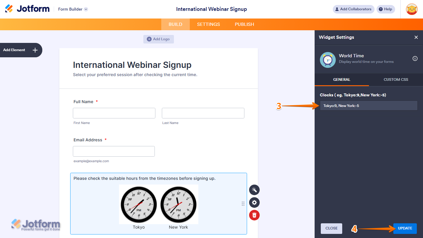 Widget Settings General tab showing Clocks field and Update button in Jotform