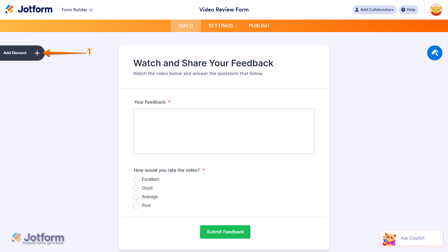 Form Builder showing Add Element button on the left side in Jotform