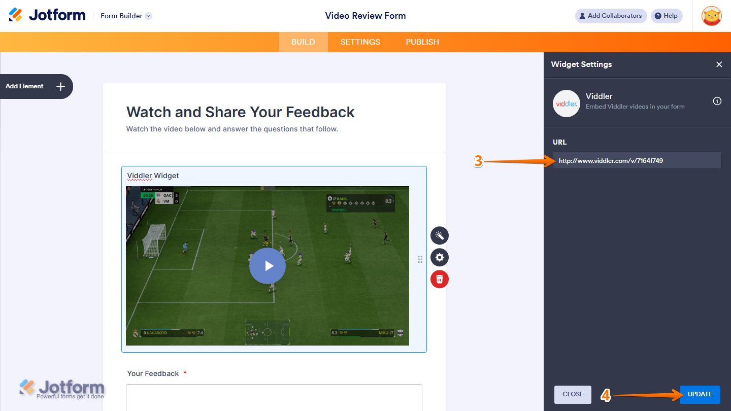 Widget Settings panel showing Video URL field and Update button for Viddler widget in Jotform