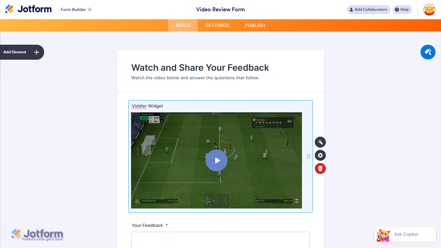 Form Builder showing Viddler widget added to the form in Jotform