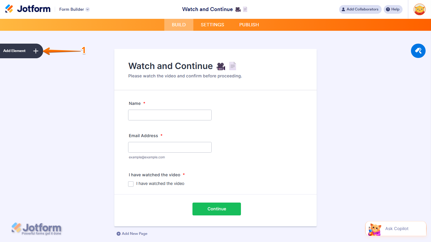 Form Builder showing Add Element button on the left side in Jotform