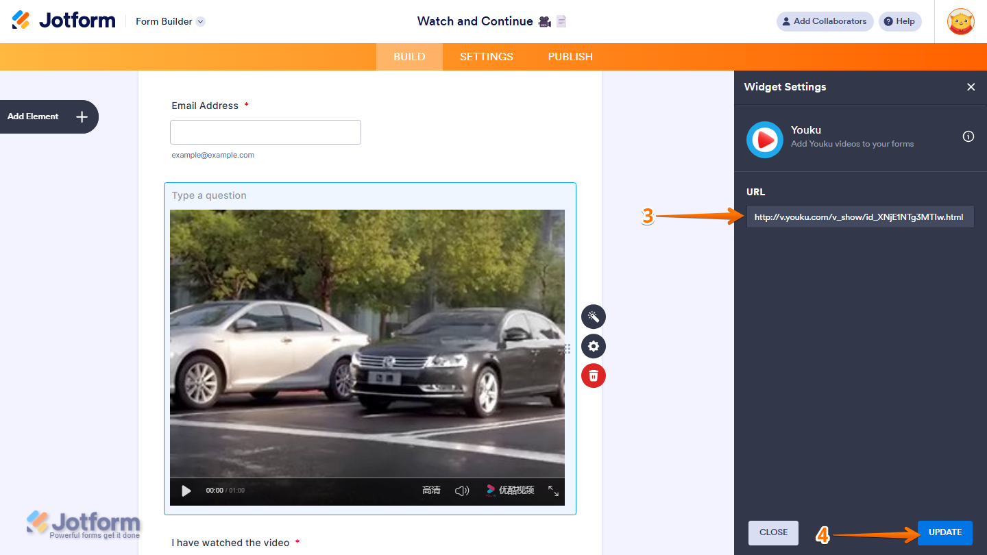 Widget Settings panel showing URL Input field and Update button for Youku widget in Jotform