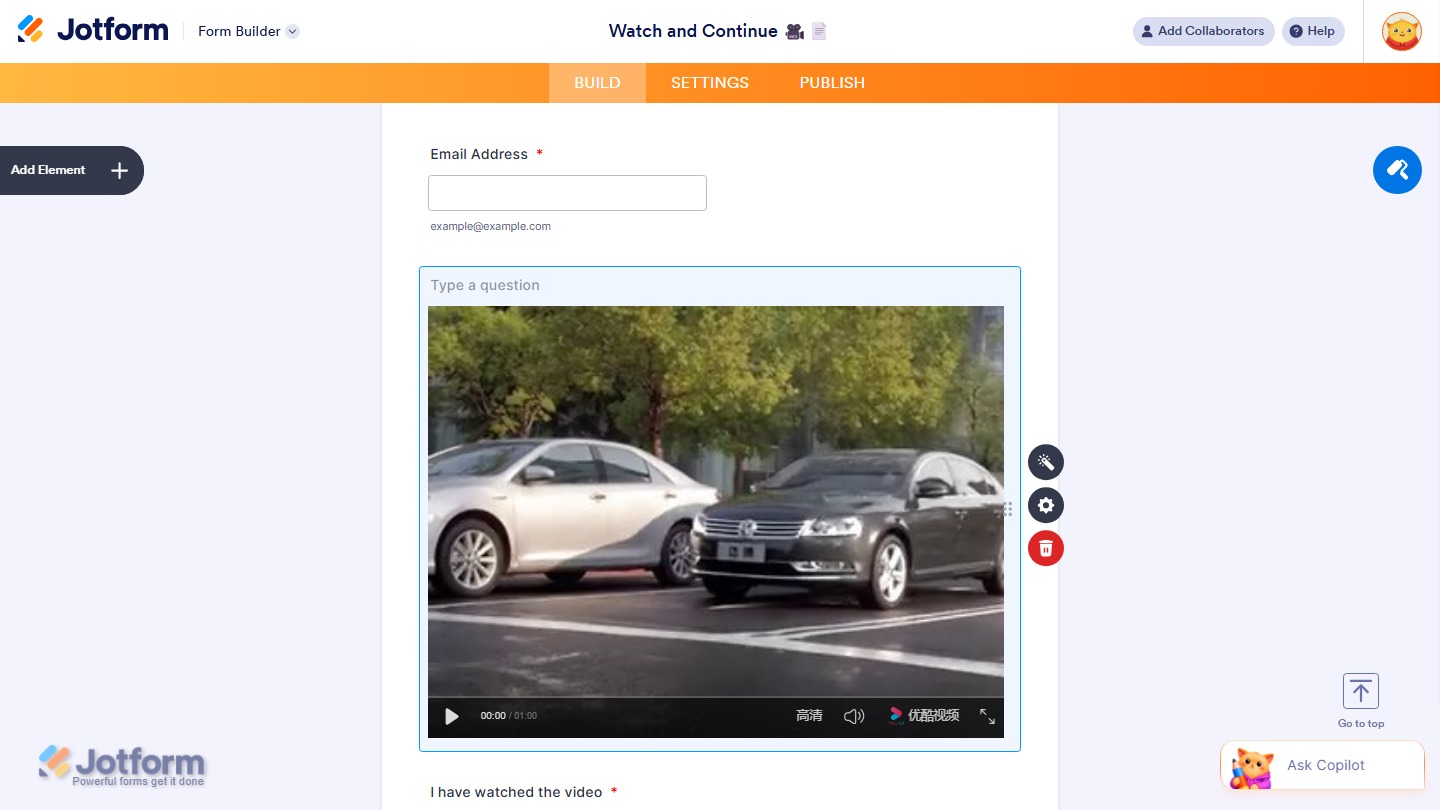 Form Builder showing Youku widget added to the form in Jotform