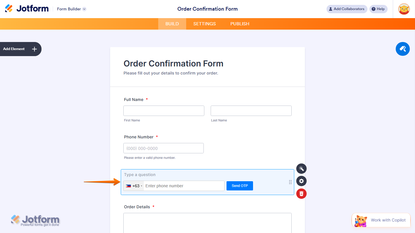 Form Builder showing D7 Verification widget added to the form in Jotform