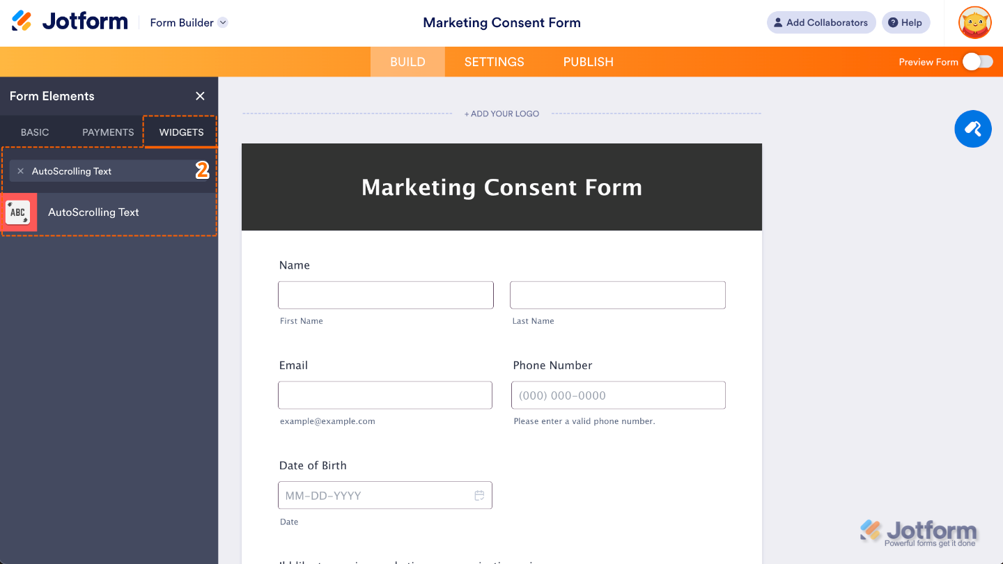 Form Elements panel under the Widgets tab showing the AutoScrolling Text widget being searched and added to a form
