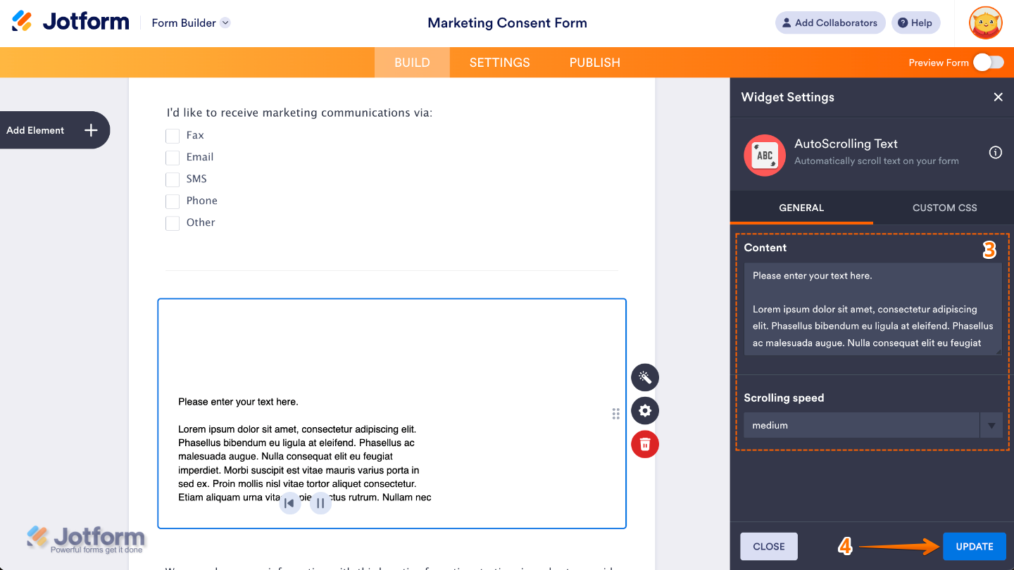 AutoScrolling Text widget settings panel showing Content and Scrolling Speed options
