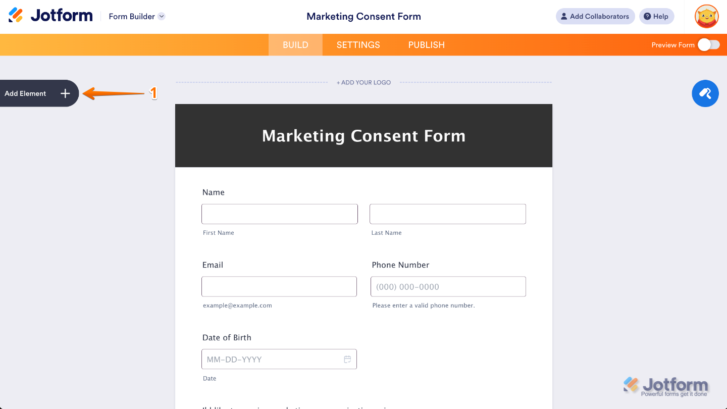 Form Builder interface highlighting the Add Element button on the left panel to add new fields and widgets