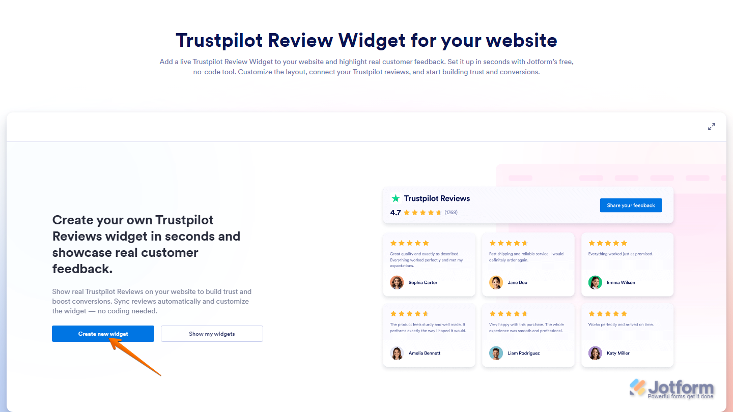 Trustpilot Reviews widget page showing Create New Widget button to start configuration