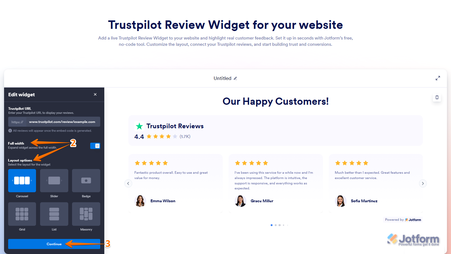 Trustpilot Reviews widget settings showing Full Width toggle Layout Options and Continue button