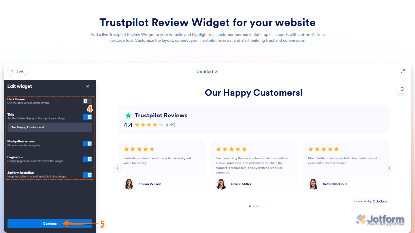 Trustpilot Reviews widget settings showing theme title navigation and pagination options in Jotform