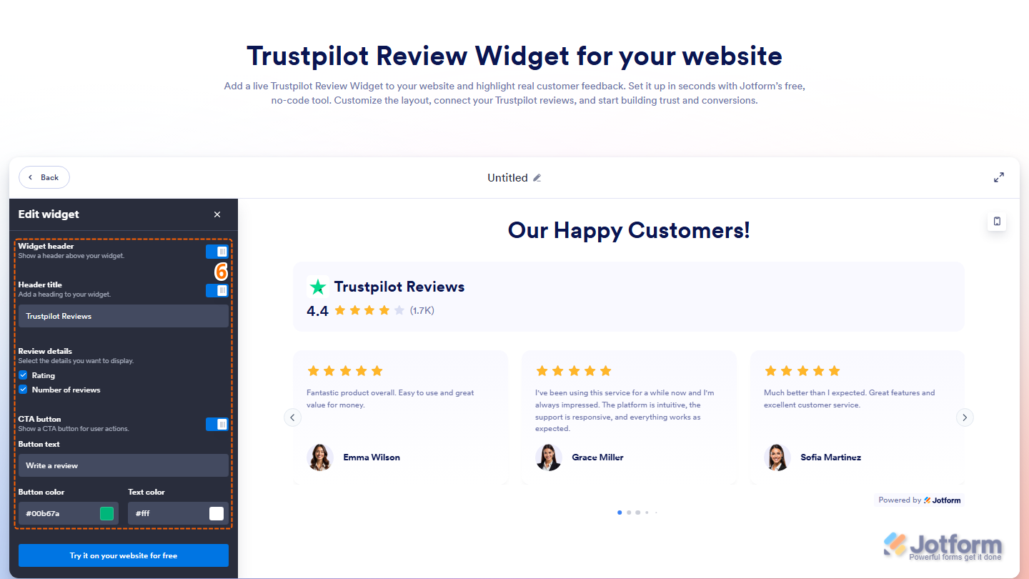 Trustpilot Reviews widget settings showing header review details CTA button and color options in Jotform