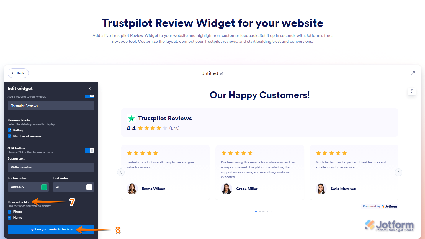 Trustpilot Reviews widget settings showing Review Fields options and Try it on Your Website button