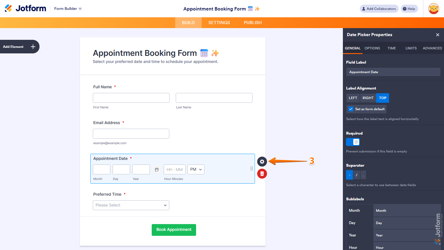 Date Picker field Properties panel showing Gear icon access in Jotform