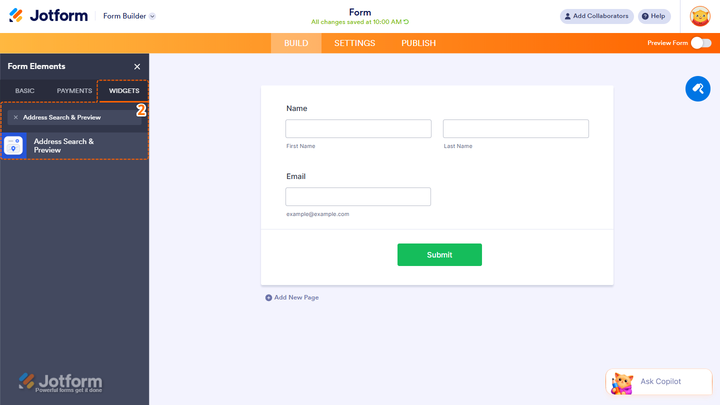 Address Search & Preview option in the Widgets tab of the Jotform Form Builder