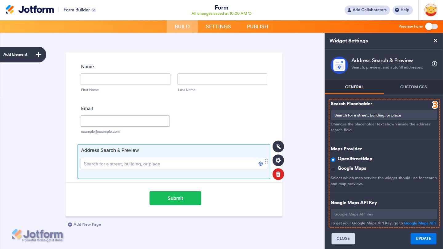 Search Placeholder, Maps Provider, and Google Maps API Key in the Address Search & Preview widget settings