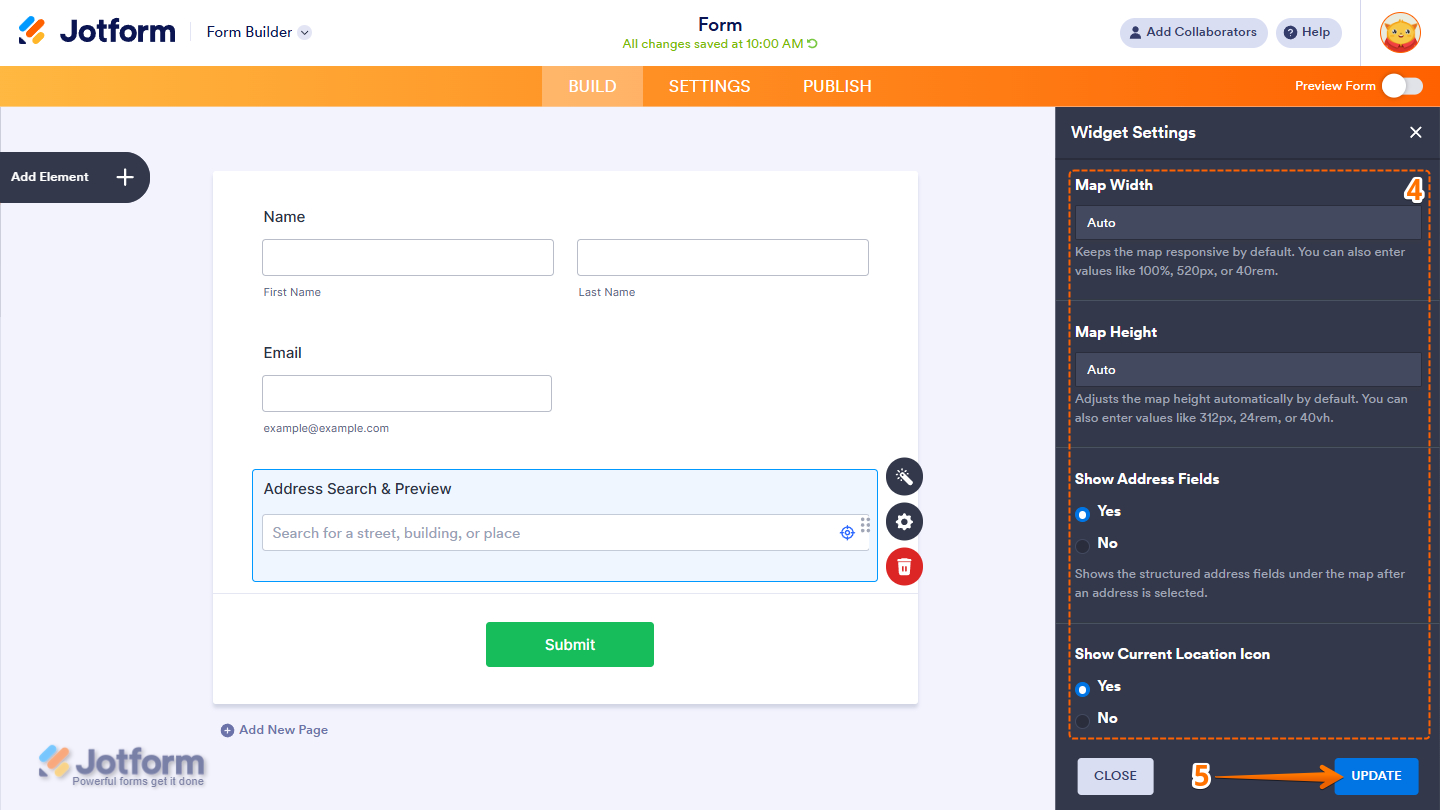 Map Width, Map Height, Show Address Fields, and Show Current Location Icon in the Address Search & Preview widget settings