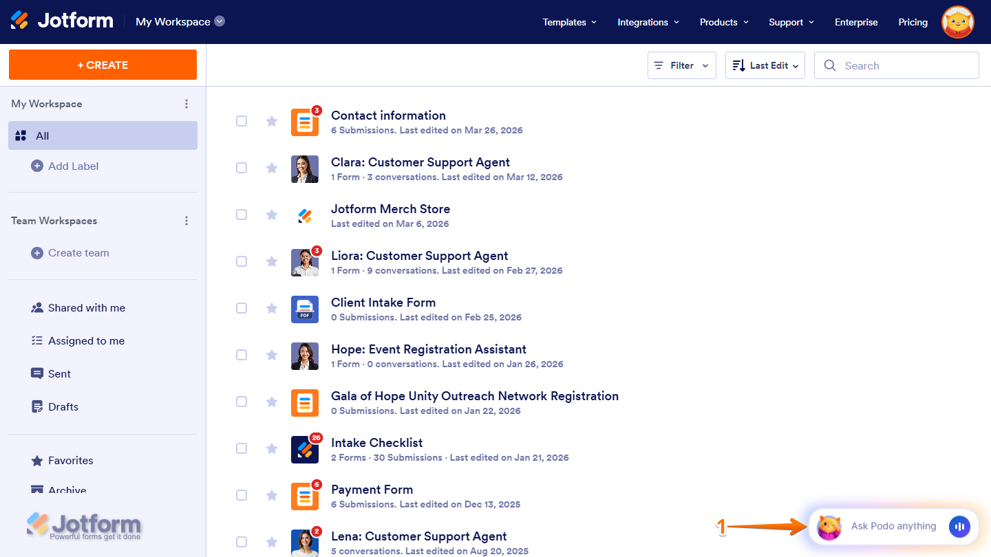 Jotform AI in Workspace page