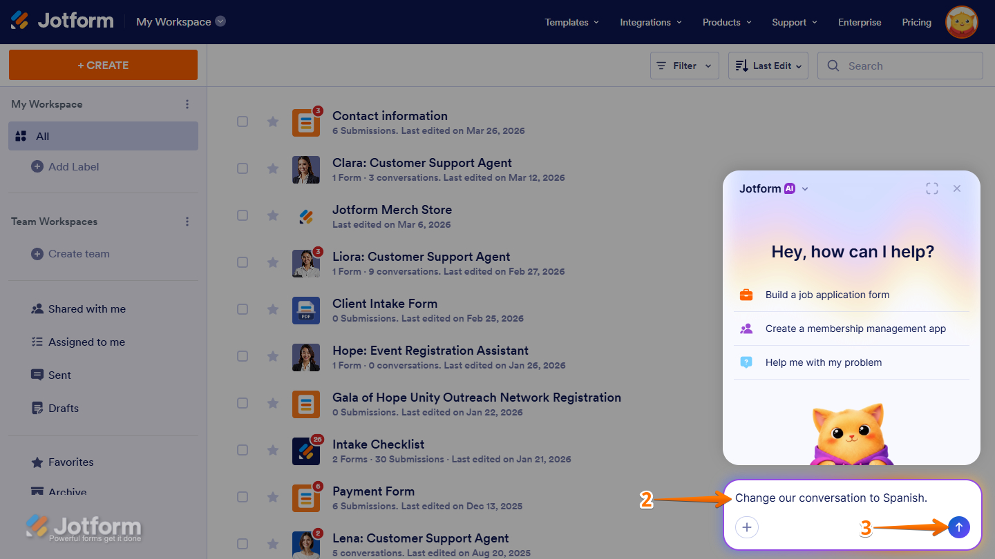 Jotform AI with a message to change the conversation to Spanish
