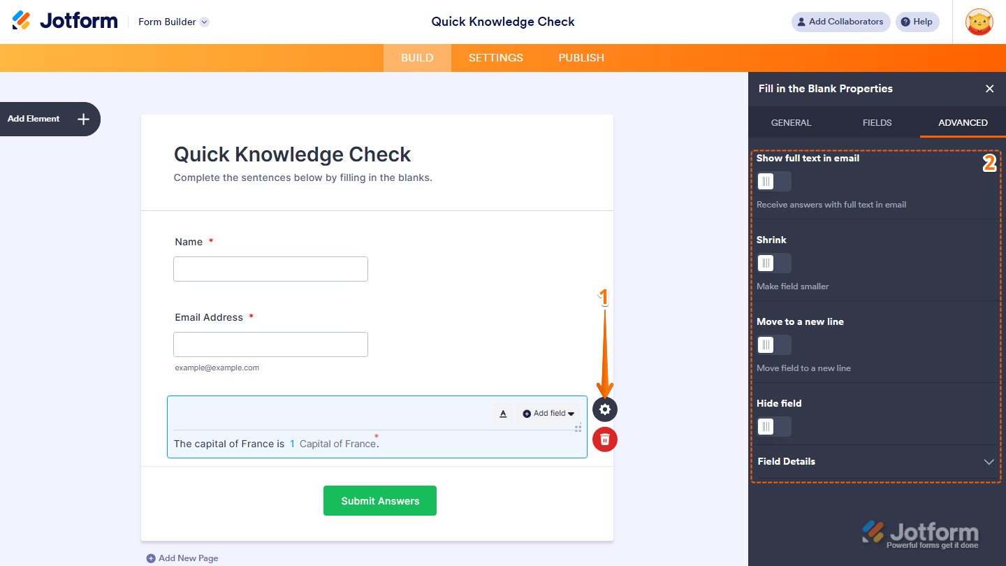 Fill in the Blank Properties panel showing display toggles and Field Details section in Jotform